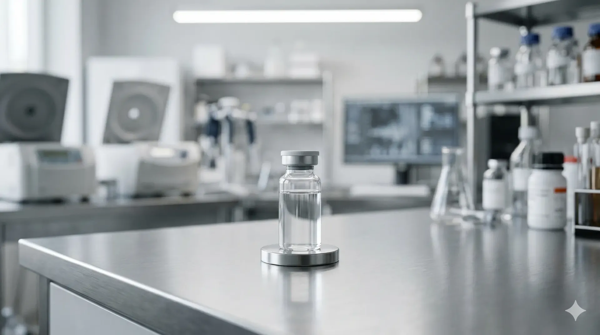 Glass vial on a lab counter in a bright, modern laboratory with blurred equipment in the background