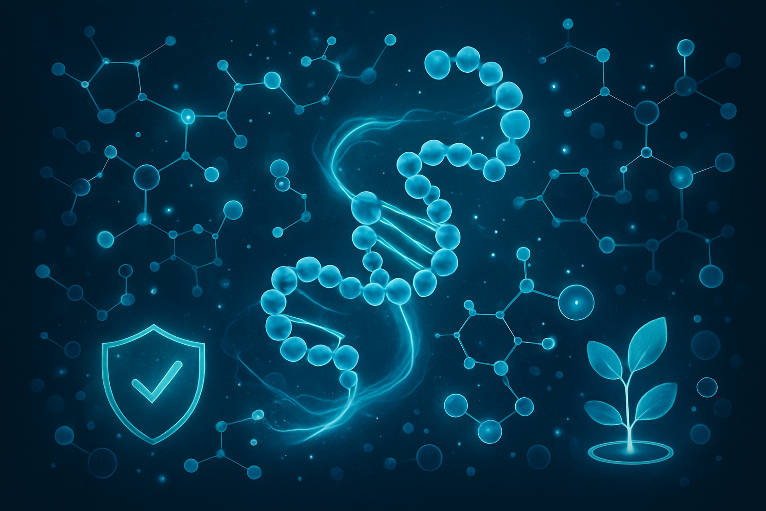 Blue glowing DNA helix, chemical structures, shield with checkmark, and plant against a dark background.