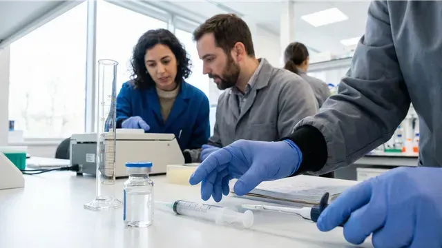 People in lab coats and gloves working in a lab with vials, a syringe, and equipment.