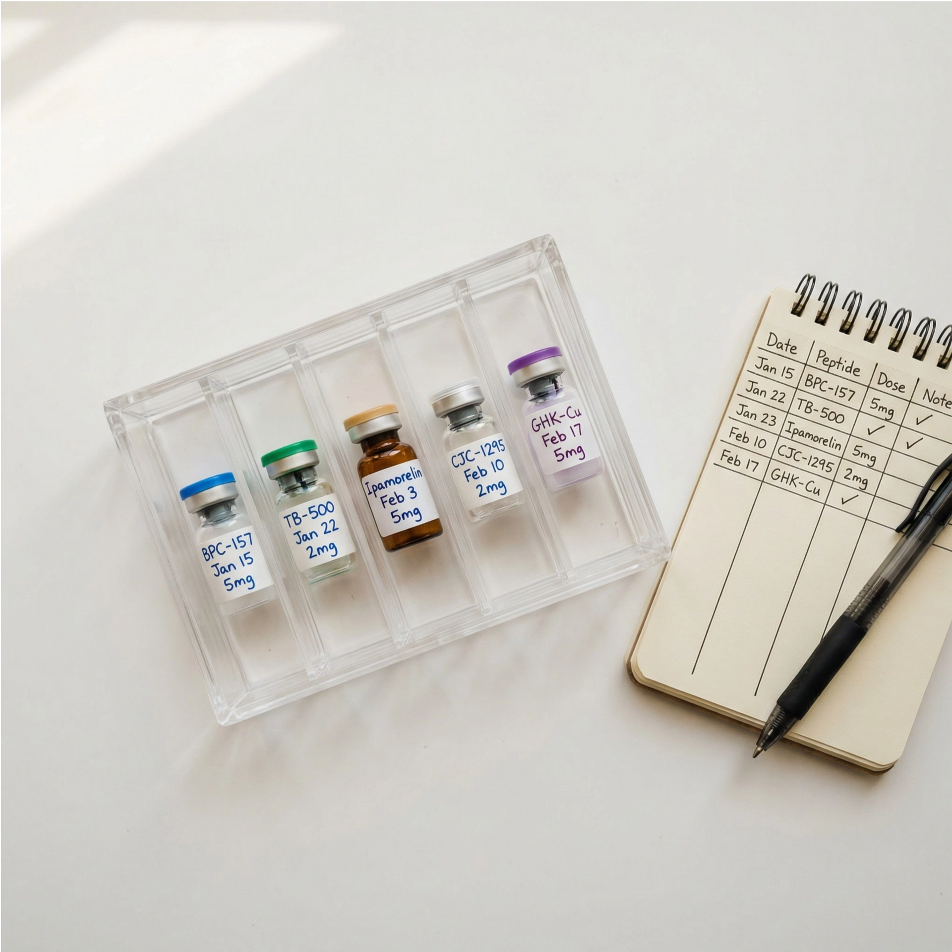 Vials with labels in a tray, a notepad with pen, on a white surface.