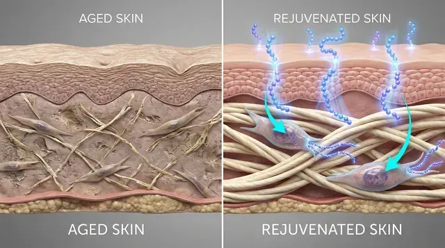 Comparison of aged and rejuvenated skin, showing broken and restored collagen fibers.