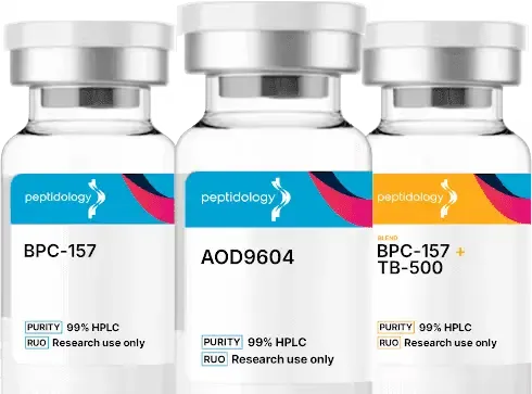Three glass vials with labels for BPC-157, AOD9604, and a BPC-157 + TB-500 blend, marked for research use only.