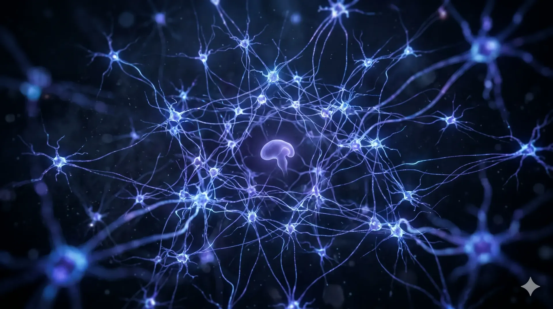 Glowing neural network with pineal gland at center representing Pinealon peptide bioregulation effec