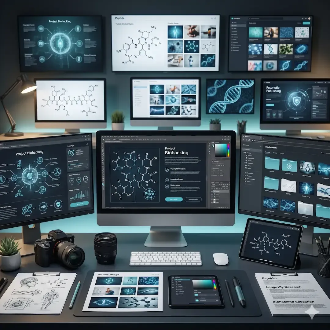 A desk covered with multiple monitors showing data dashboards, charts, and molecular graphics in a dark workspace