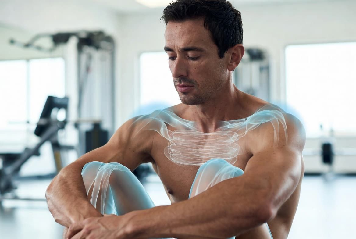 Man sitting in a gym, resting with knees drawn up and looking down, with a muscle anatomy overlay on his upper body