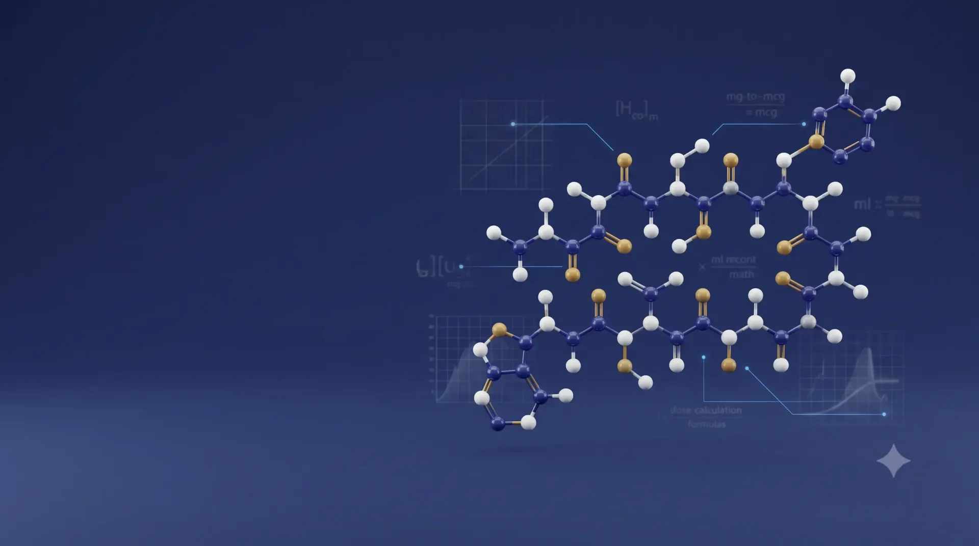 Blue scientific illustration of a molecular structure with connected white and gold atoms on a gradient background