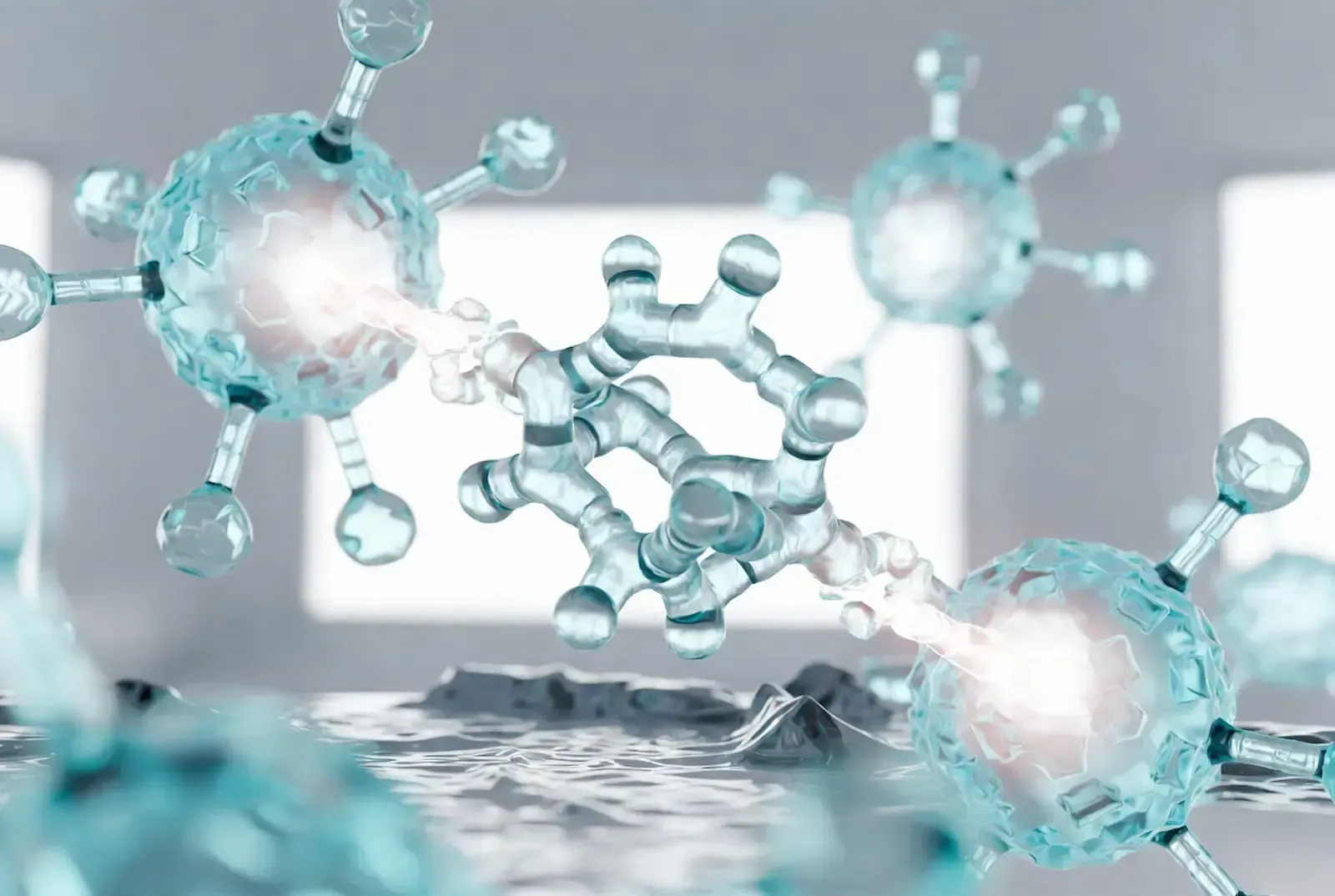 Abstract blue molecular structures floating over a reflective surface, with glowing pink centers