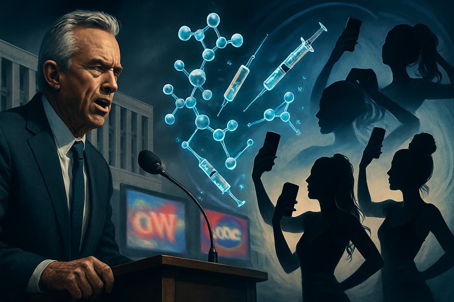 RFK Jr. at a podium with peptide molecules, syringes, news screens, and influencers with phones