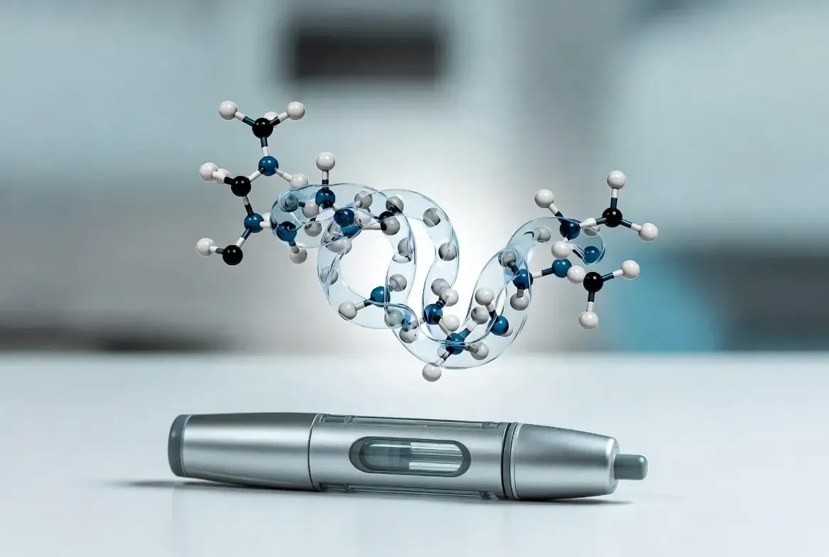 Metal GLP-pen beneath a floating blue-and-white DNA helix on a blurred lab background 