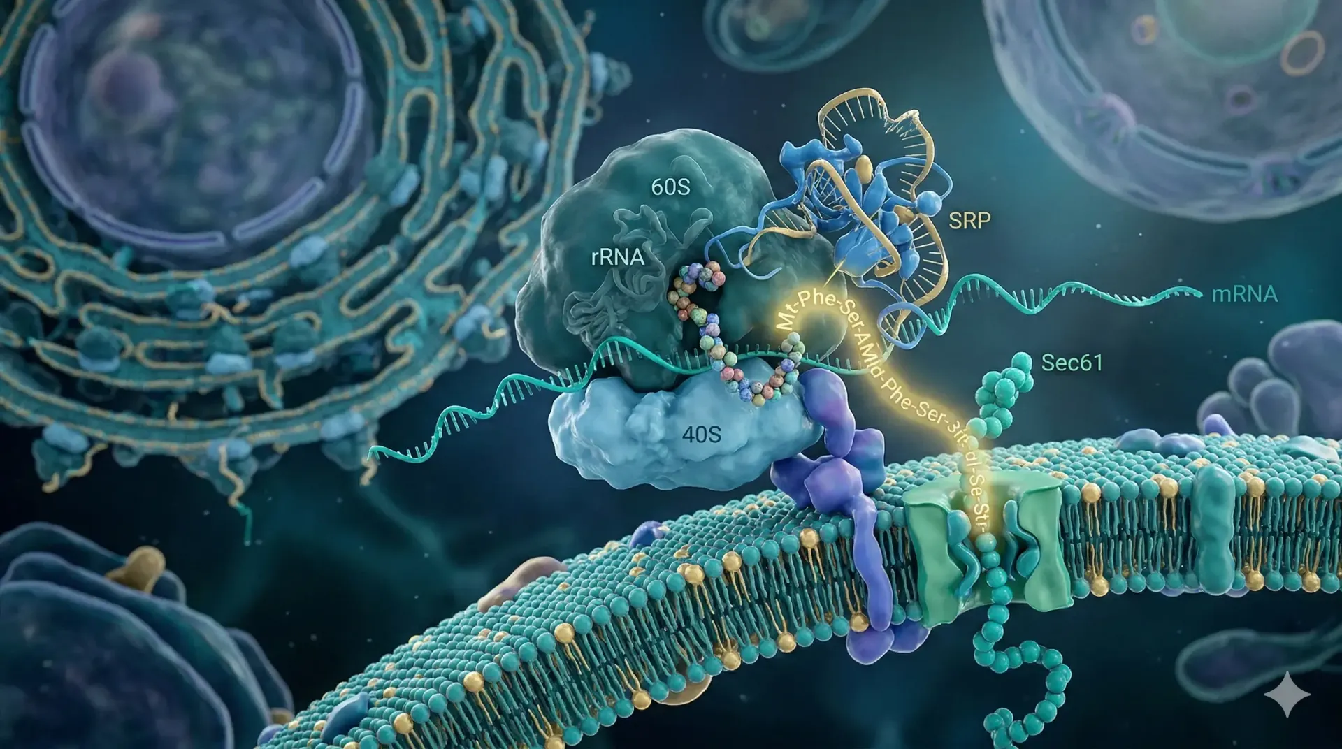 Signal peptide targeting: ribosome translating mRNA, SRP, and Sec61 translocon at the membrane