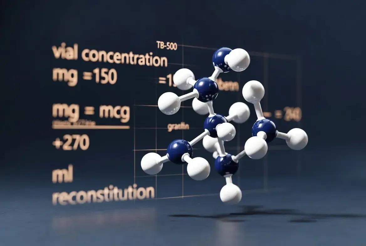 Molecular model beside white dosage text on a dark background, showing vial concentration and reconstitution calculations