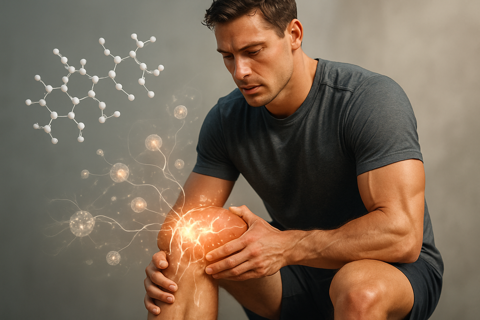 Man with knee pain, illuminated knee and molecular structure graphic.