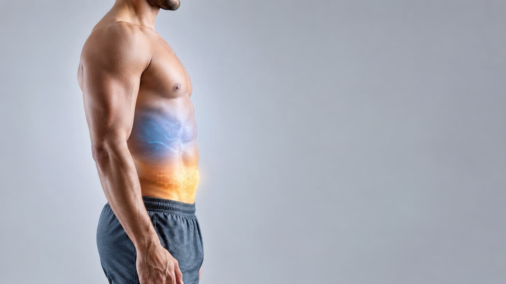 Side view of a shirtless torso with blue and orange colored markings on the abdomen 