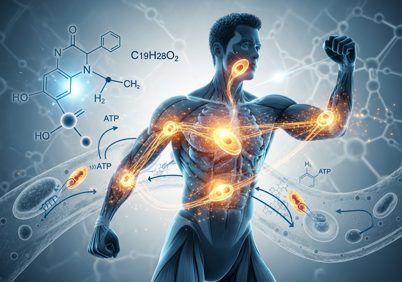 Glowing muscular figure flexing amid molecular diagrams and DNA strands, evoking health and science