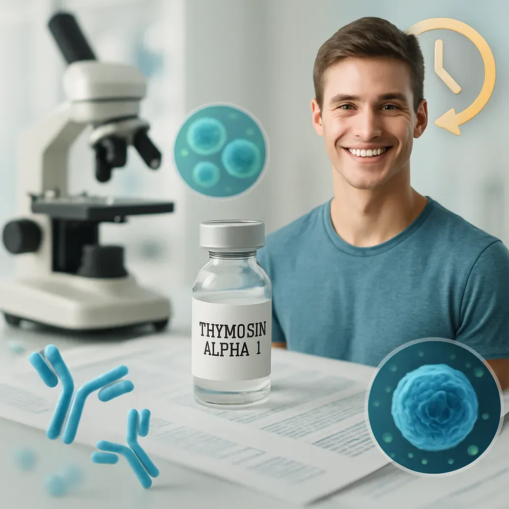 Man smiles next to a vial of Thymosin Alpha 1, microscope, and immune cells; time symbol.
