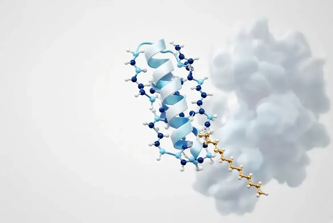 Isolated tirzepatide molecule as a clean ribbon and ball-and-stick chain with a gold C20 fatty-acid tail, faint albumin behind