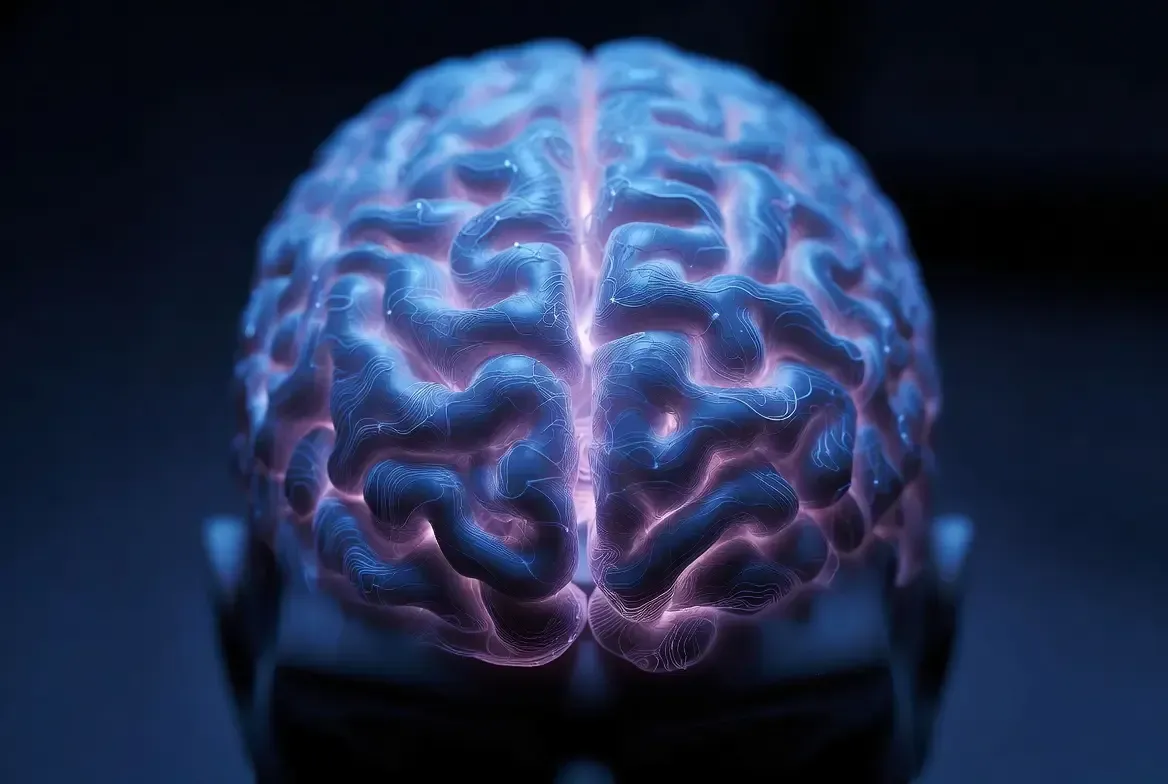 Top-down perspective of a human brain with illuminated neural pathways and active synapses in blue-v