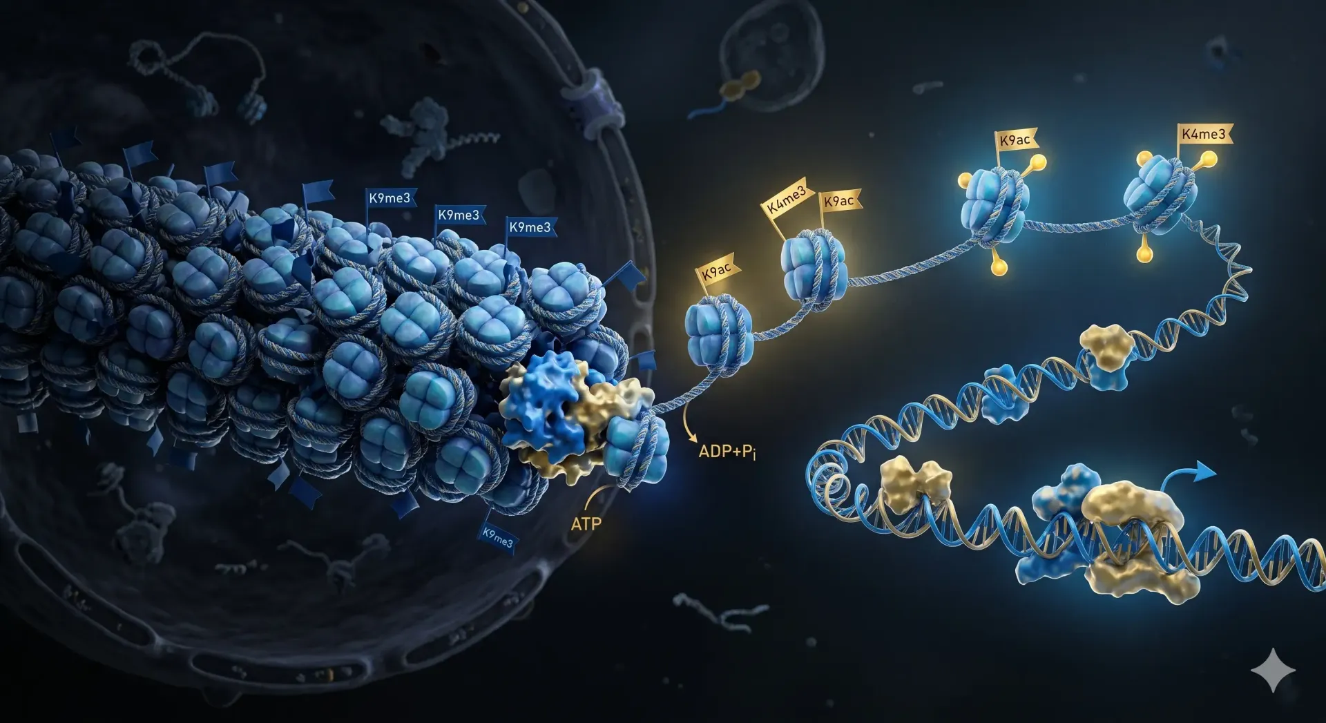 Blue molecular chain swirling through a dark space beside a glowing cell-like sphere