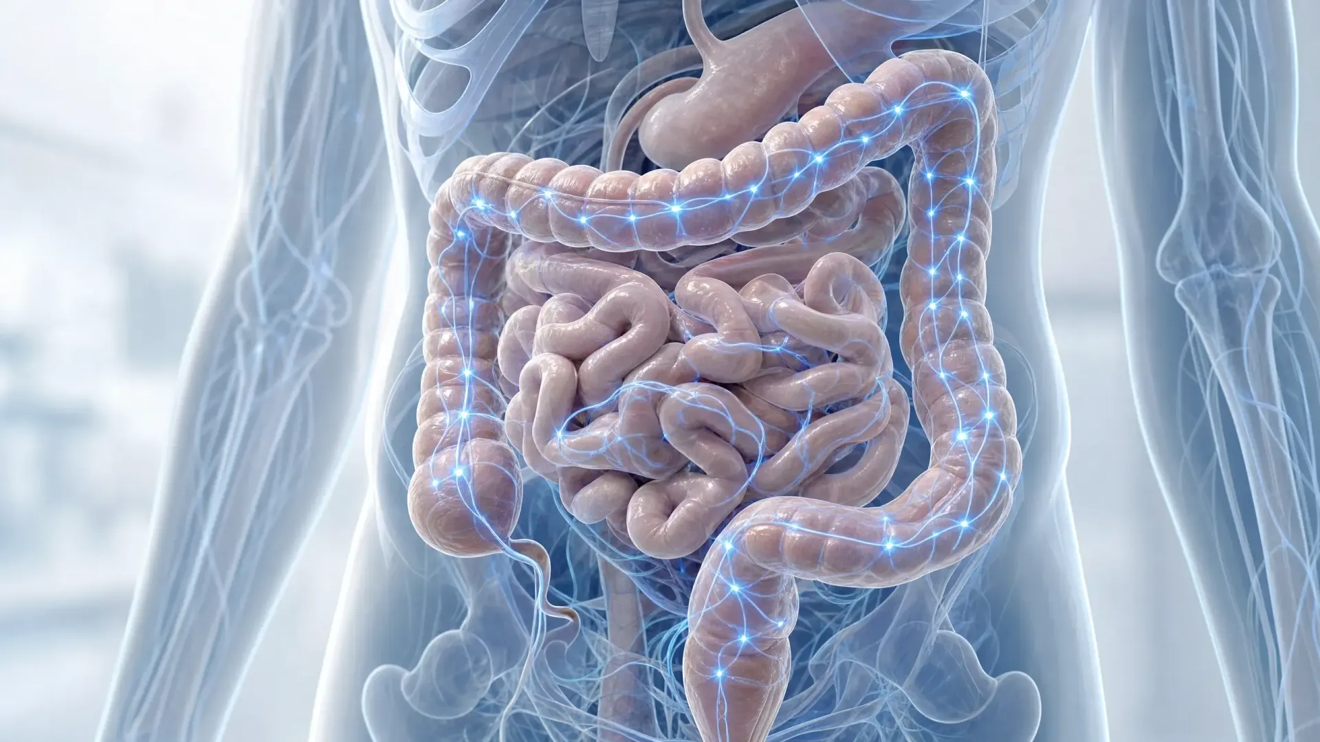 3D medical illustration of the human digestive system inside a translucent torso