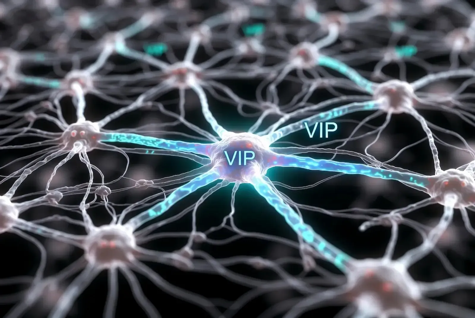 Top-down view of healthy neuronal network displaying strengthened connections via blue VIP signaling pathways supporting neuroprotection