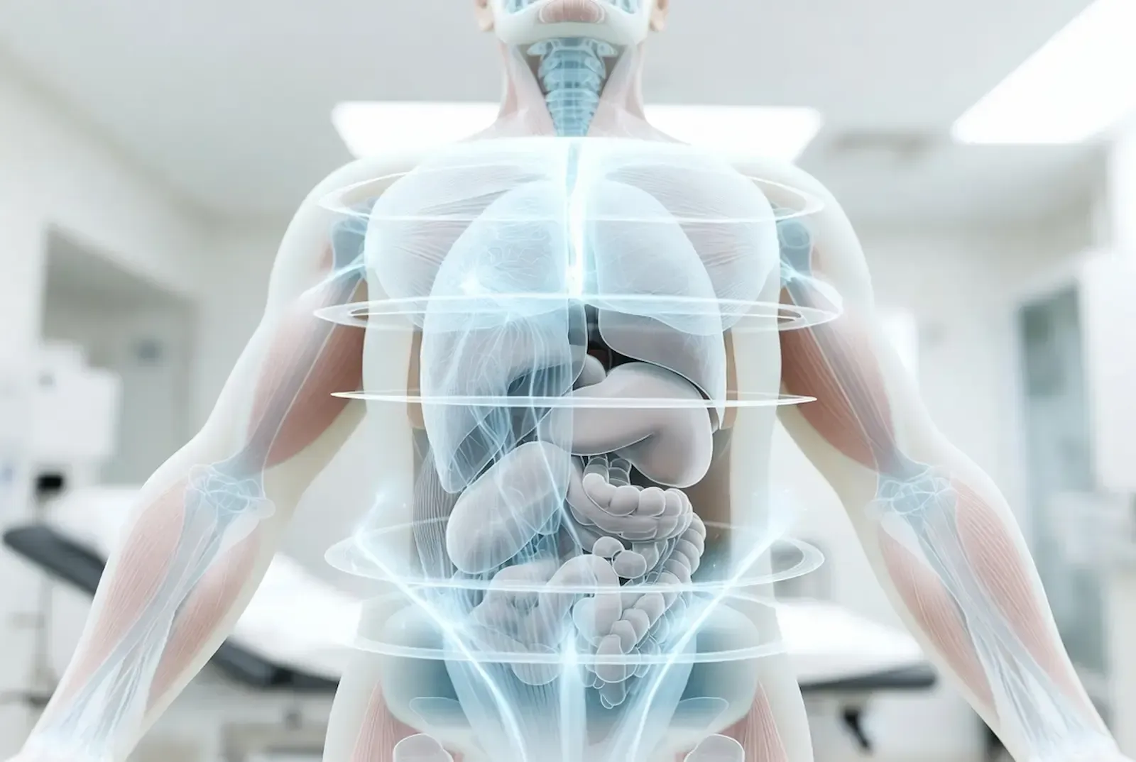 Transparent human anatomy illustration with visible lungs, heart, and digestive organs in a clinical setting