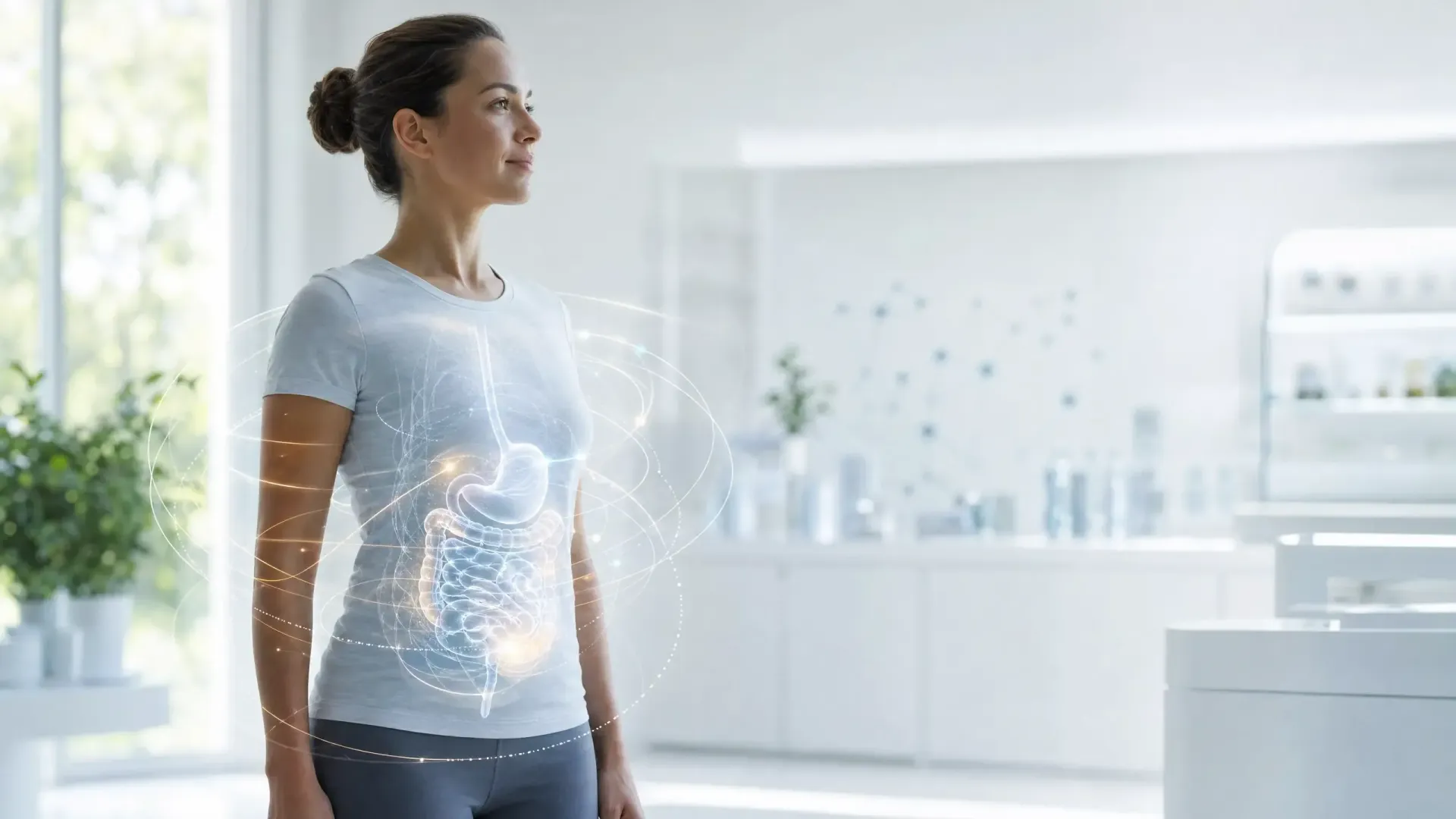 Person standing in a bright kitchen, holding their abdomen with a glowing digestive overlay.