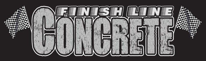 Stylized black-and-white “Finesh Line Concrete” logo with a concrete-texture wordmark and shovel graphic