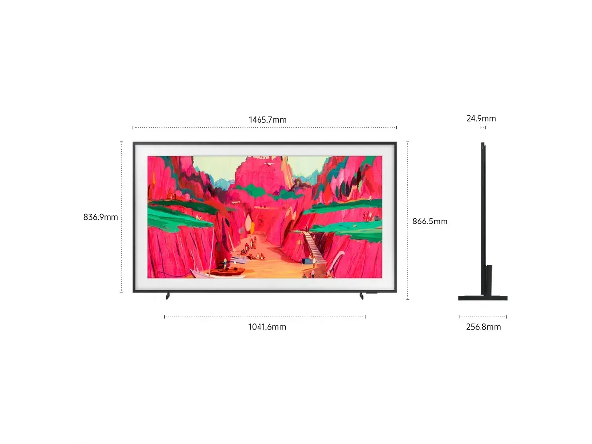 Samsung The Frame PRO TV zeigt ein abstraktes Landschaftsbild in leuchtendem Pink und Grün.