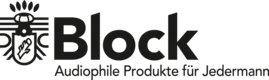 Black-and-white “Block” logo with a small icon and the tagline “Audiophile Produkte für Jedermann”