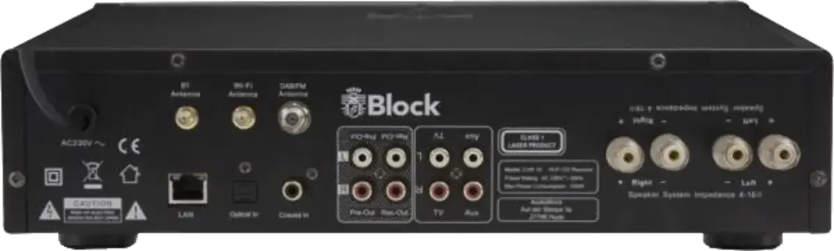 Frontplatte eines silbernen elektronischen Stereo-Receivers mit Display, Drehknöpfen und Tasten