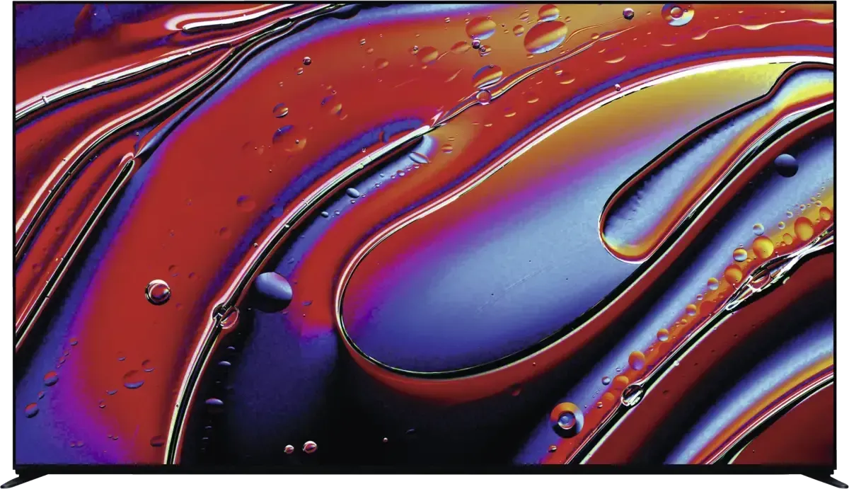 Abstrakte, glänzende, rote und violette Flüssigkeitswirbel mit metallischen Glanzlichtern und Tropfen