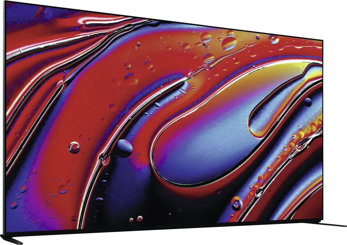 Abstrakte, glänzende, rote und violette Flüssigkeitswirbel mit metallischen Glanzlichtern und Tropfen