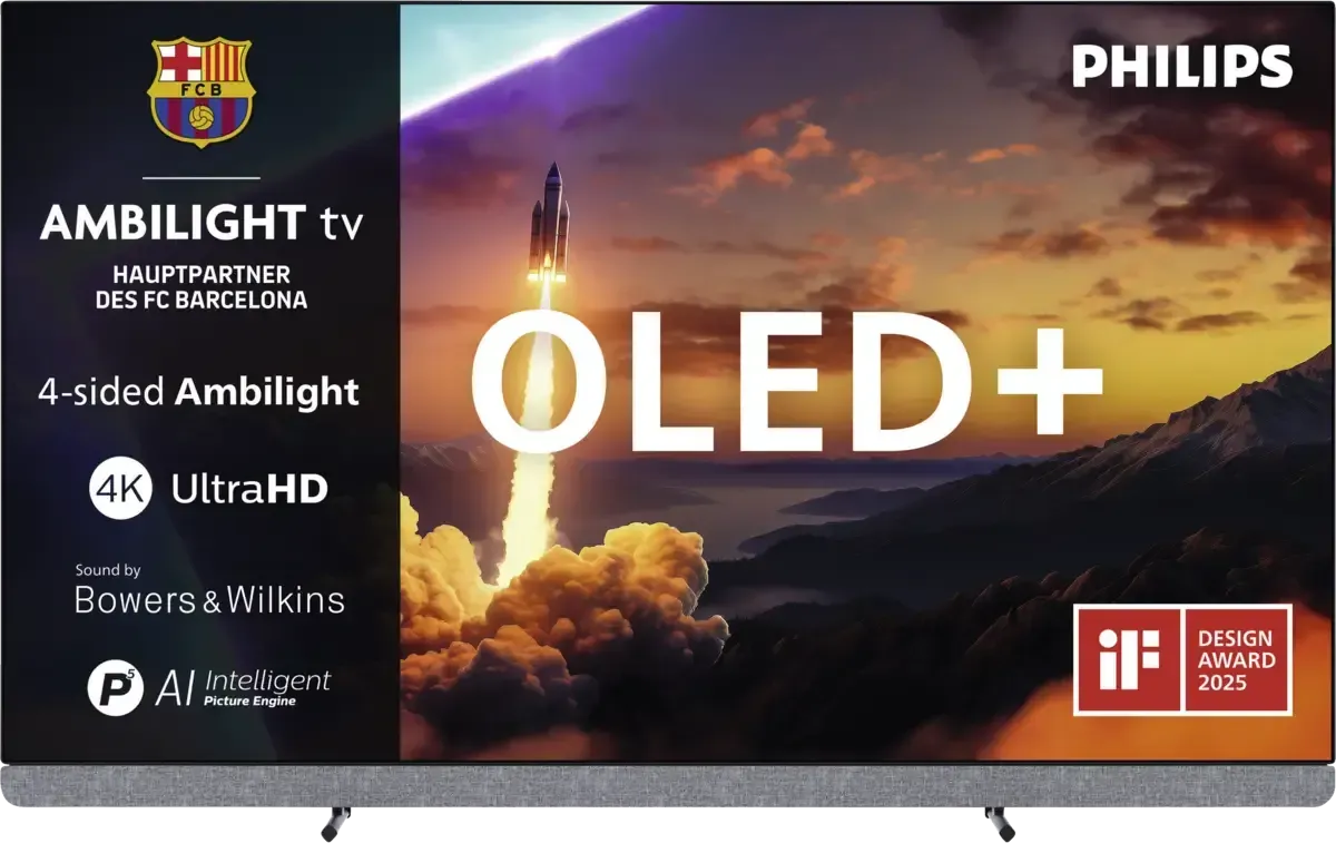 Philips Ambilight TV-Werbung zeigt OLED+ in einer Sonnenuntergangsszene mit 4K Ultra HD- und Dolby Atmos-Symbolen