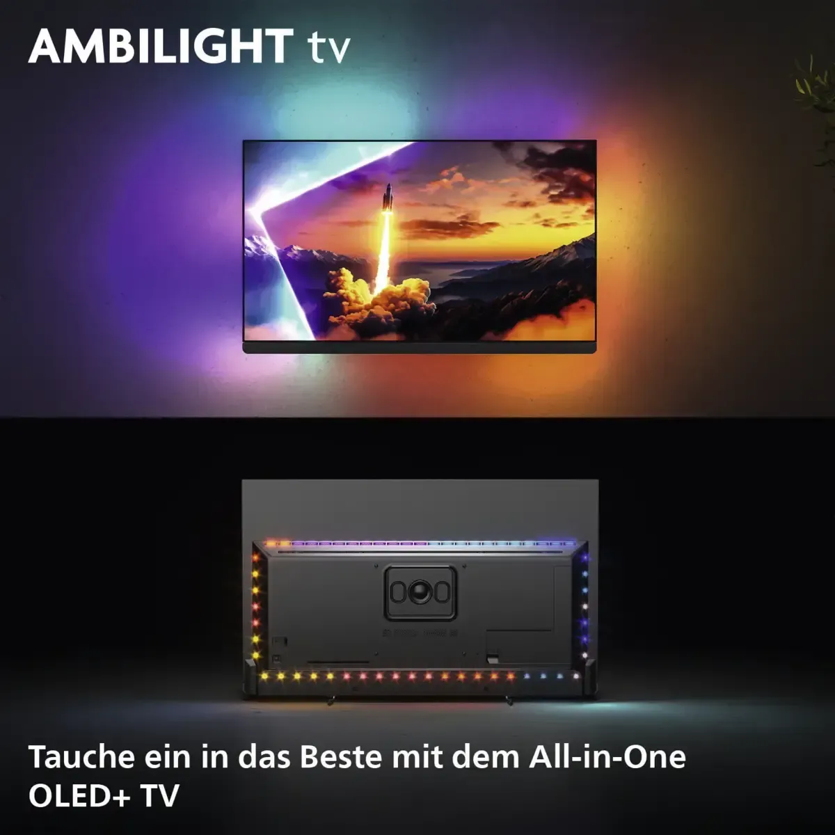 Philips Ambilight TV-Werbung zeigt OLED+ in einer Sonnenuntergangsszene mit 4K Ultra HD- und Dolby Atmos-Symbolen