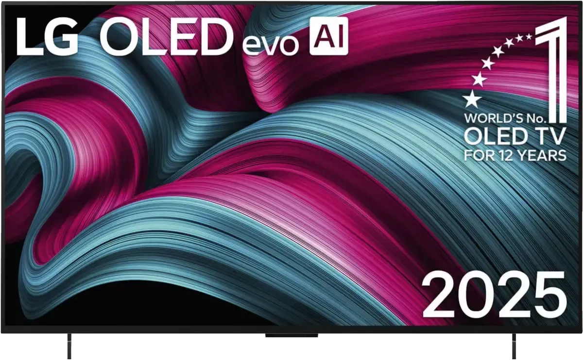 LG OLED evo AI TV-Display mit rosa und blauen Wirbeln, Aufschrift „2025“ und „Weltweit führender OLED-Fernseher für 12 Jahre“