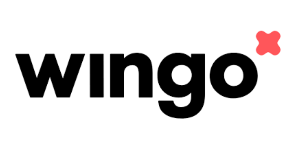 Wingo-Logo in fetter schwarzer Schrift mit einem kleinen korallenroten Stern über dem letzten Buchstaben.