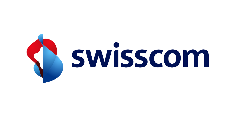 Swisscom-Logo mit rotem und blauem Symbol und dunkelblauem Schriftzug auf weißem Hintergrund