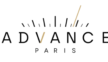 Advance Paris-Logo mit schwarzer und goldener Schrift auf weißem Hintergrund