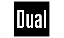 Weißer „Dual“-Schriftzug auf schwarzem quadratischem Logo