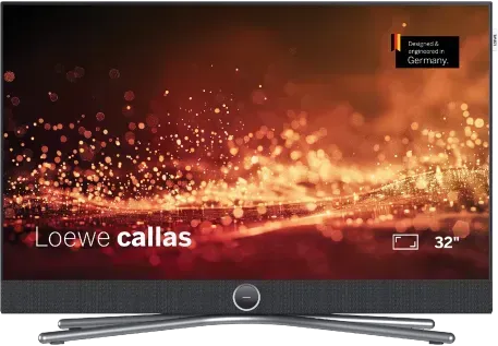 Loewe Callas Fernseher mit leuchtend rot-orangefarbenem abstraktem Display auf einem geschwungenen Standfuß, 32-Zoll-TV