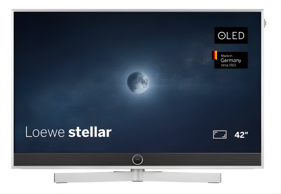 Loewe Stellar OLED-Fernseher mit 42-Zoll-Bildschirm und dem Aufdruck „Deutsche Qualität“.