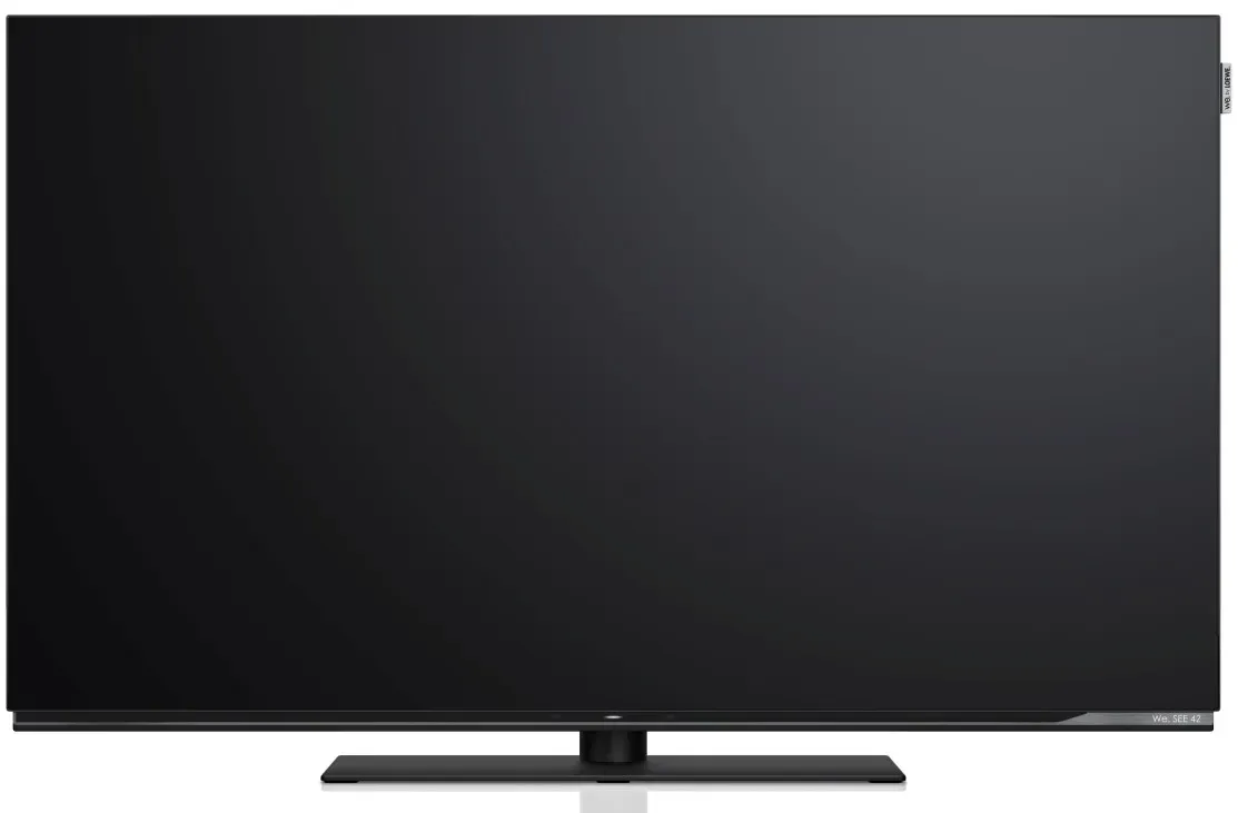 Moderner Flachbildfernseher mit schwarzem Bildschirm auf einem Standfuß