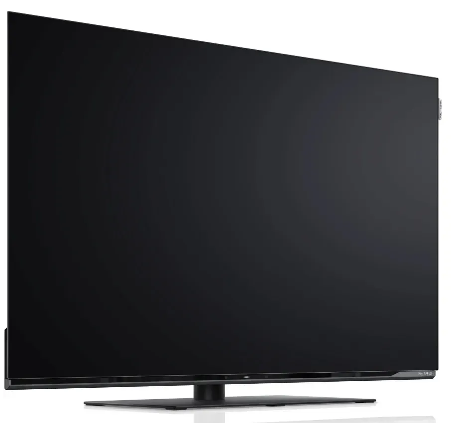 Moderner Flachbildfernseher mit schwarzem Bildschirm auf einem Standfuß