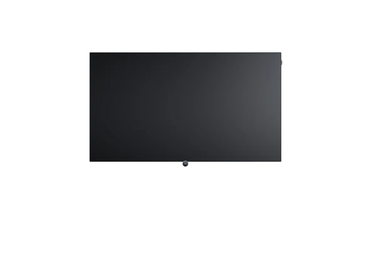 Schwarzer Flachbildfernseher auf einem Ständer vor hellem Hintergrund