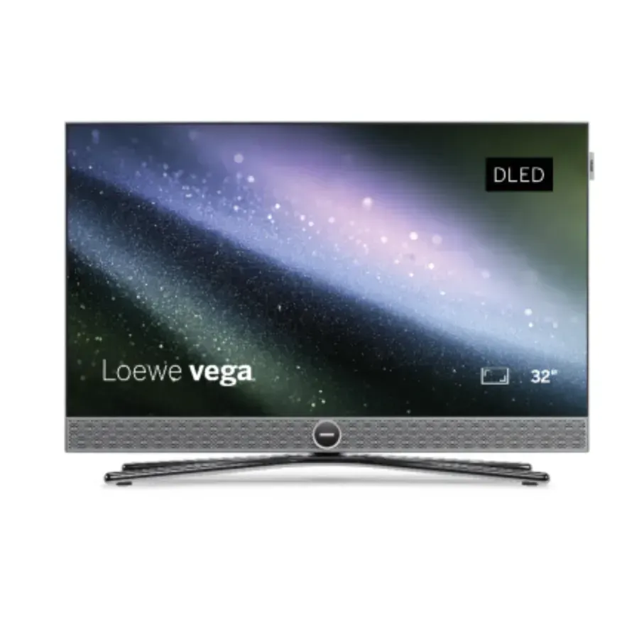 Loewe Vega DLED Flachbildfernseher mit sternenblauem Display und silbernem Standfuß, 32-Zoll-Etikett.