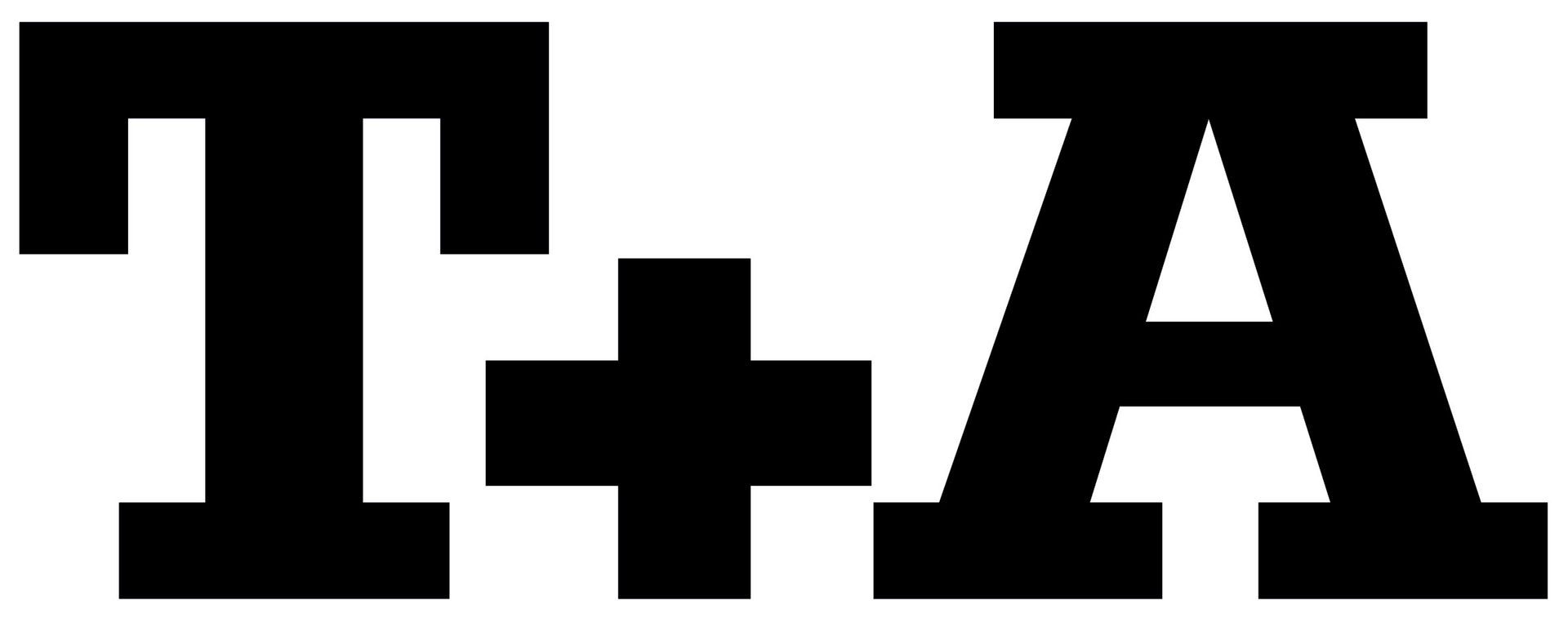 Schwarzes T+A-Logo mit fetten schwarzen Buchstaben auf weißem Hintergrund