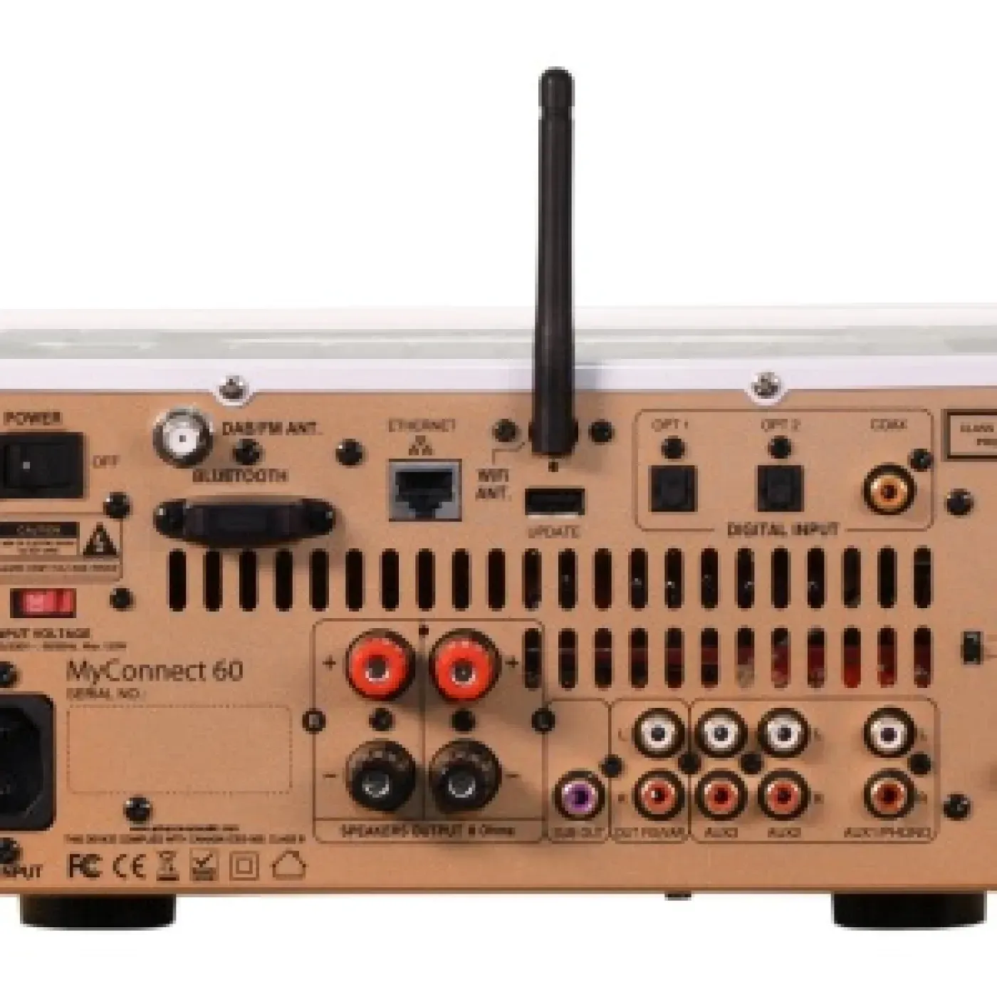 Weißer Retro-Radio-/CD-Player mit schwarzem Display, schwarzer Antenne und silbernem Drehknopf auf weißem Hintergrund