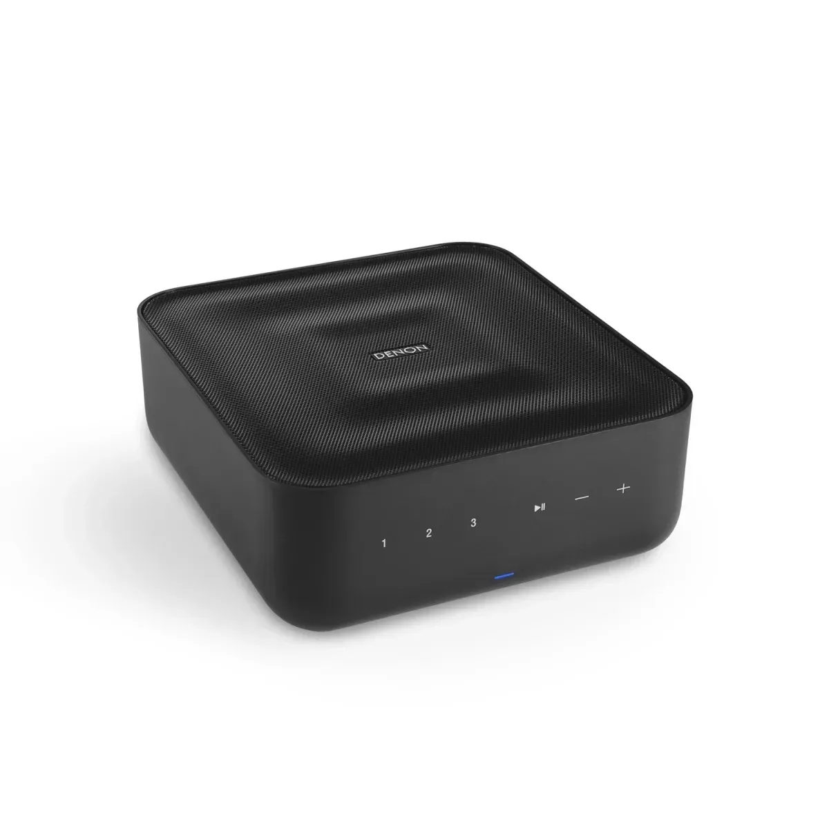 Schwarzer, quadratischer Kompaktrouter/Modem mit leuchtenden Frontanzeigen auf weißem Hintergrund