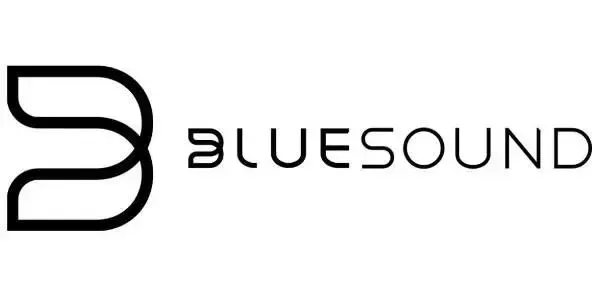 Bluesound-Logo in schwarzer Schrift mit stilisiertem „B“-Symbol auf weißem Hintergrund