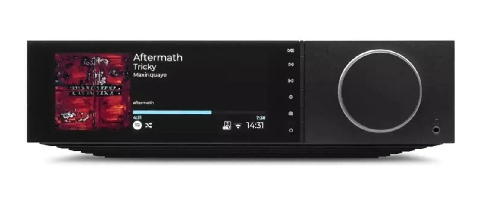 Schwarzer Stereo-Receiver mit rotem Albumcover, Display und großem Lautstärkeregler auf der rechten Seite.